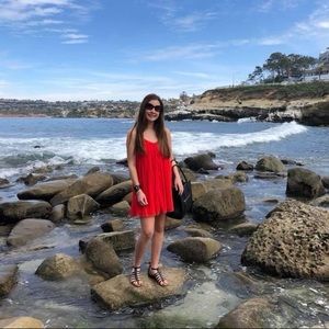 BRIGHT RED A&F SLEEVELESS PLEATED CHIFFON MINI SUMMER DRESS W/ BRAIDED RACERBACK